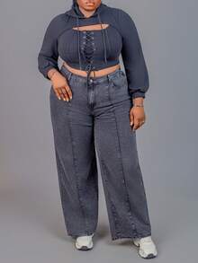 CurvyTilda Plus Lace Up Front Cutout Hoodie Winter Fall Autumn, For Hourglass Body Shape - Black - View 5