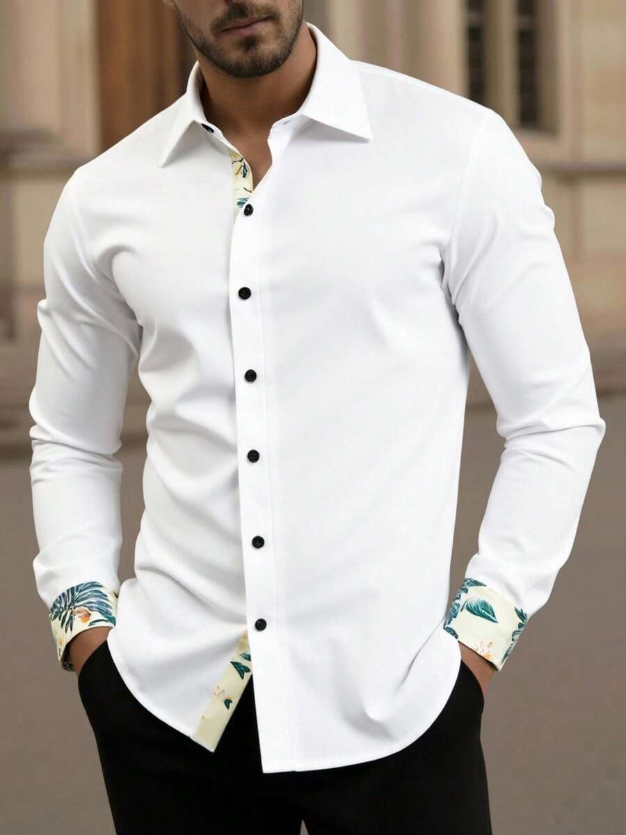 Manfinity VCAY Áo sơ mi nam màu trắng, họa tiết cây nhiệt đới, cổ tay áo phối ghép, kiểu dáng thường ngày, chất liệu vải thô, thích hợp mặc ở khuy áo. Áo sơ mi nam họa tiết, áo sơ mi thiết kế dành cho nam, áo sơ mi thời trang nam, áo sơ mi trắng nam. - trắng - Xem 1