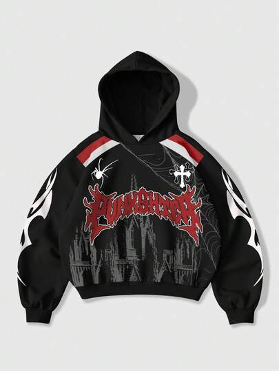 Street Life بلوزة هوديي رجالية بطبعة حرفية بقصة فضفاضة وقطعة عادية