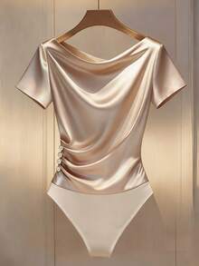 Franclia Women's Simple Commuter Suspender Collar Crepe Ruffle Trim Button Bodysuit - Apricot - View 3