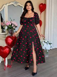 Vionelle 加大码情人节红色爱心图案方领系带袖褶皱A字侧开衩女式连衣裙 - 黑色 - 查看 5