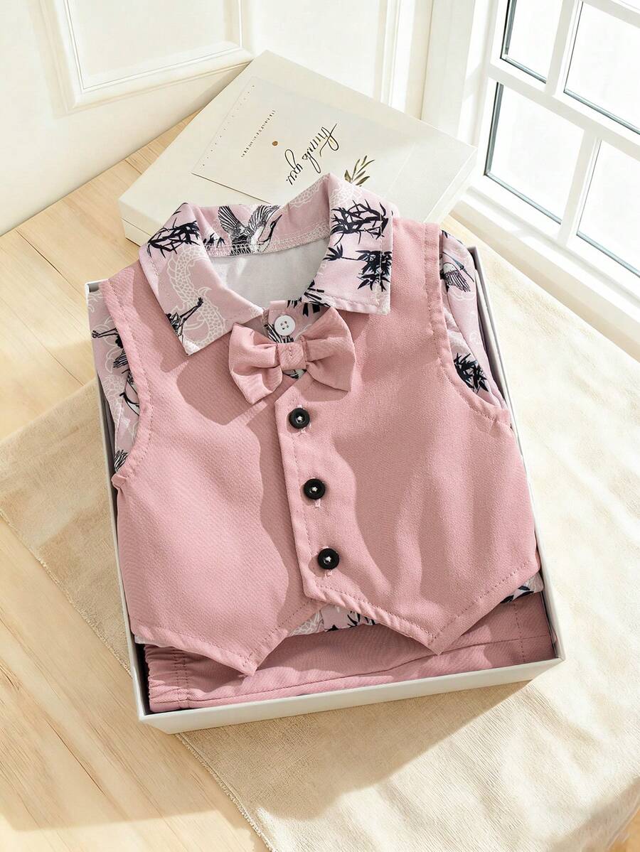 SHEIN 3pcs Baby Boys Gentleman Outfit Set,Floral Long Sleeve Shirt,Vest & Pants,Pink Check,Summer,Cute Modest,Wedding Guest Elegant Fashion Style Clothes - Multicolor - View 1