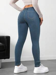SHEIN Tall Quần jeans nữ dáng ôm, có túi và cúc, thích hợp mặc hàng ngày đi làm. - Rửa trung bình - Xem 2