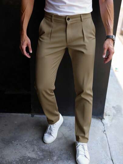 Manfinity Bizformal Solid Color Fold Pleated Pocket Business Casual Pants Beige Pants For Men Mens High Waisted Pants Men Pants Khaki Mens Pleated Suit Pants Men Slacks Pants