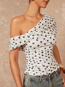 Lumalex Áo kiểu nữ thanh lịch cổ điển gợi cảm màu đen chấm bi, tay dài, xếp ly, khoét vai, ôm sát. - Đen và trắng - Xem 6