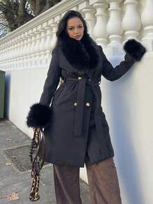 NegzBox Damen Doppelreiher Gürtel Flauschiger Besatz Eleganter Langer Mantel für Herbst/Winter - Schwarz - Übersicht 1