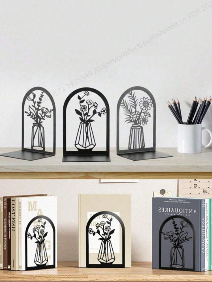 1 Pc Each Style,Floral Bookshelf Decor, Bookshelf Bookends, Desk Ends, Metal Black Bookshelf, Heavy Book Bookshelf, Bookends, Office School Book Folders Storage Desk Decor, Book Ends For Thick Books, Book Ends For Home Office(There Is Only One Piece For Each Style) - Black - View 1