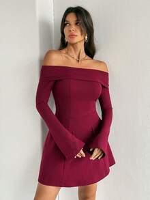 SHEIN Tall Đầm nữ màu đỏ tía trễ vai, đầm ngắn tay dài dáng chữ A, có túi giả, đầm dự tiệc. - Màu Đỏ Sâu - Xem 6