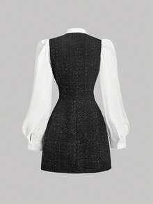 SHEIN MOD 优雅粗花呢拼接迷你连衣裙（女士款） - 黑與白 - 查看 2