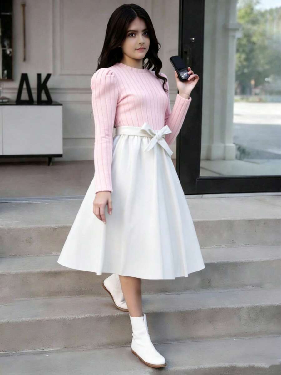 SHEIN 女童圆领长袖罗纹针织拼接碎花下摆连衣裙,甜美淑女风,秋季款 - 淺粉色 - 查看 1
