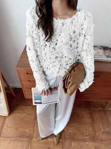 Elyressa 1件装 时尚蓬松亮片欧式宽松圆领套头毛衣，短款柔软舒适优雅女士冬季毛衣 - 白色 - 查看 6