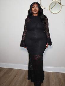 Hourglow Đầm bodycon dài tay ren đuôi cá hở lưng gợi cảm cỡ lớn thanh lịch cho nữ dự tiệc sang trọng - Z - màu đen - Xem 4