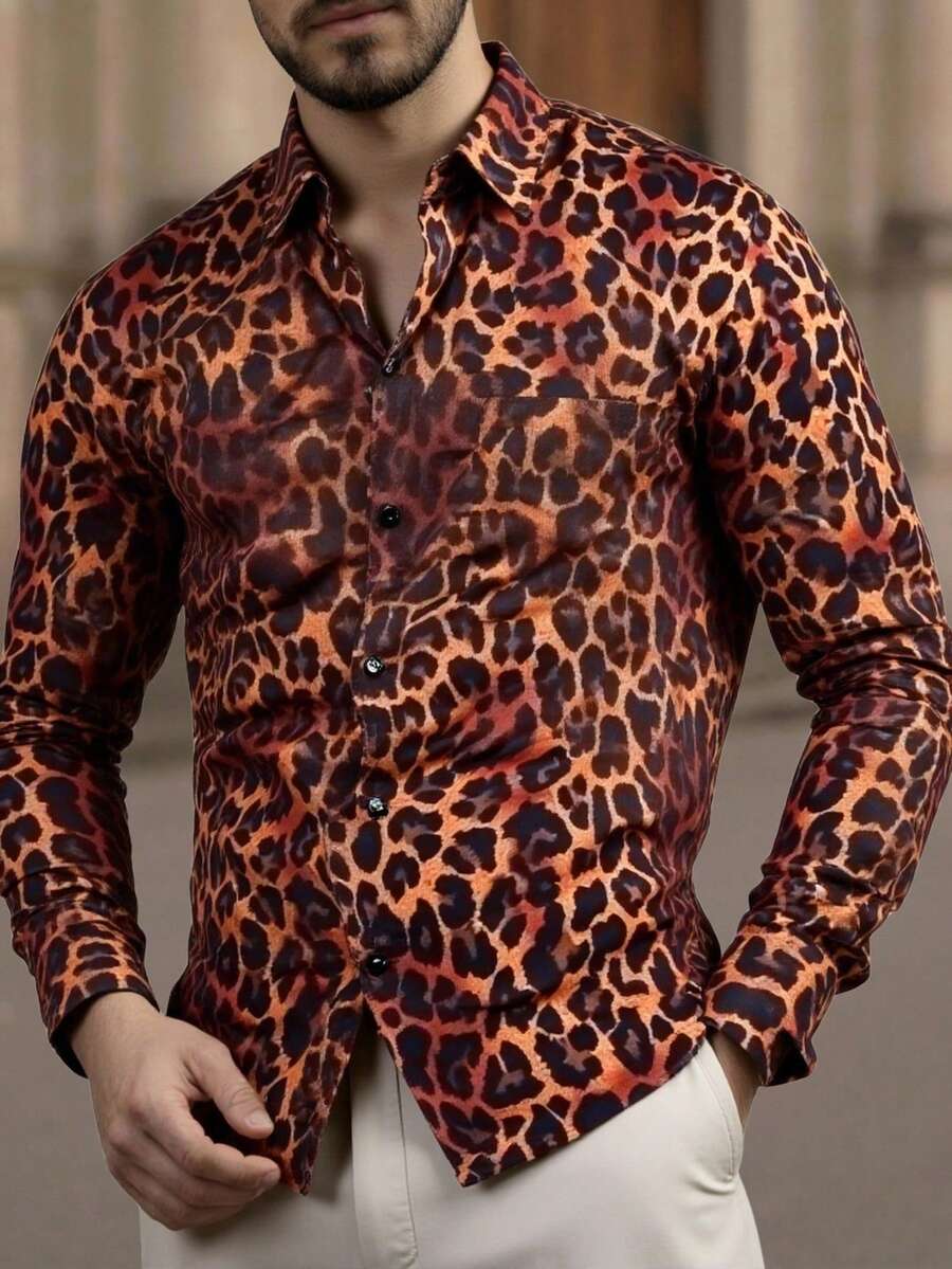 Manfinity VCAY Men's Fashionable Retro Leopard Print Long Sleeve Shirt - Multicolor - View 1