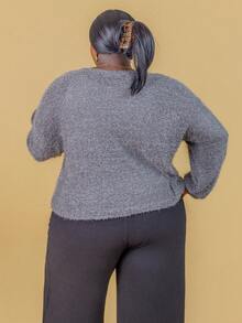CurvyTilda Plus Size Women Solid Color Knit French Fuzzy Sweater, Front Bowknot Design, Suitable For Casual, Home, School Wear, Autumn/Winter Tie Front Top Gray Ribbed Knit Top Plus Size Gray Blouse Plus Size Sweaters For Women V Neck Sweater,Fall Clothes For Women, For Hourglass Body Shape - Grey - View 2