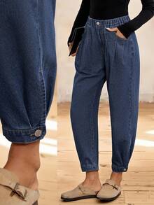 EMERY ROSE 女式休闲水洗褶皱裤脚牛仔裤 - 中等水洗藍 - 查看 1