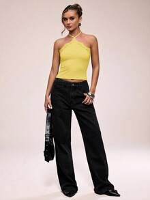 SHEIN BAE Kamisol Wanita Warna Polos Minimalis dengan Patchwork Renda dan Leher Halter - Kuning - View 5