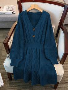GlowEve CURVE Plus Size V-Neck Lantern Sleeve A-Line Thick Drawstring Knitted Sweater Dress, Solid Color, Winter - Royal Blue - View 1