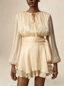 Vesra Abito elegante mini da donna con maniche lunghe, vita annodata e balze sul fondo, colore albicocca - Albicocca - Visualizzare 6