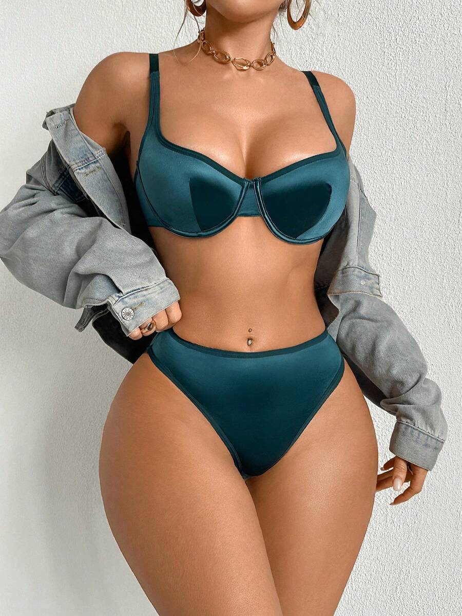2pcs Women Solid Color Minimalist Casual Bra Set With Underwire - Teal Blue - View 1