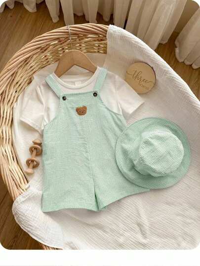 2pcs/Set Baby Boy/Girl Summer Striped Bib Overalls & Bucket Hat Set, Casual Outfit For Home, Outing, Beach