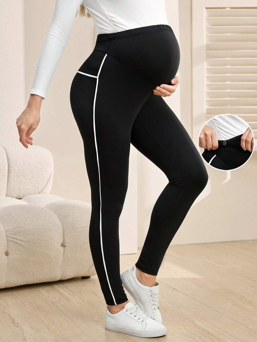SHEIN Leggings sin costuras de cintura alta con ribete de contraste para maternidad - Negro - Ver 1