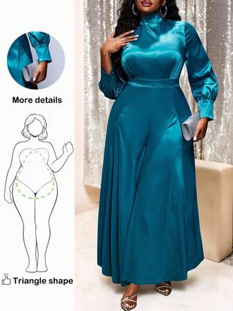 Truni Plus Size Women Satin Jumpsuit, Party Evening Jumpsuit, Long Sleeve Wide Leg Jumpsuit, For Pear Triangle Body Shape