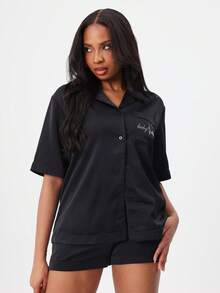 BABYPHAT Rhinestone Cat Print Short Sleeve Button Up Pajama Sleep Shirt With Collar And Chest Pocket - Black - View 2