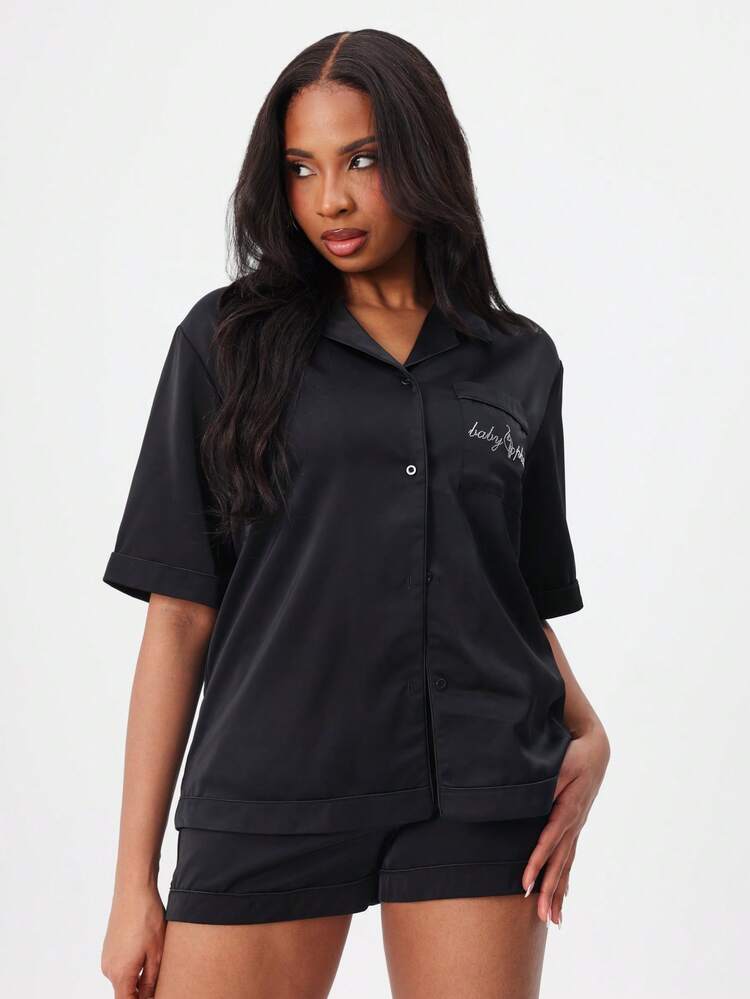 BABYPHAT Camisa de Pijama com Botões de Manga Curta com Estampa de Gato com Strass, Colarinho e Bolso no Peito