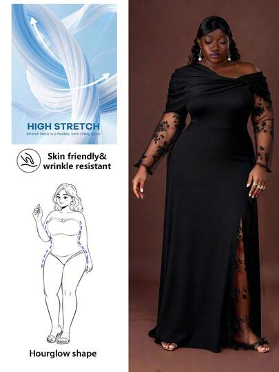 CurvyTilda 大码女式纯色不对称领口荷叶边优雅连衣裙