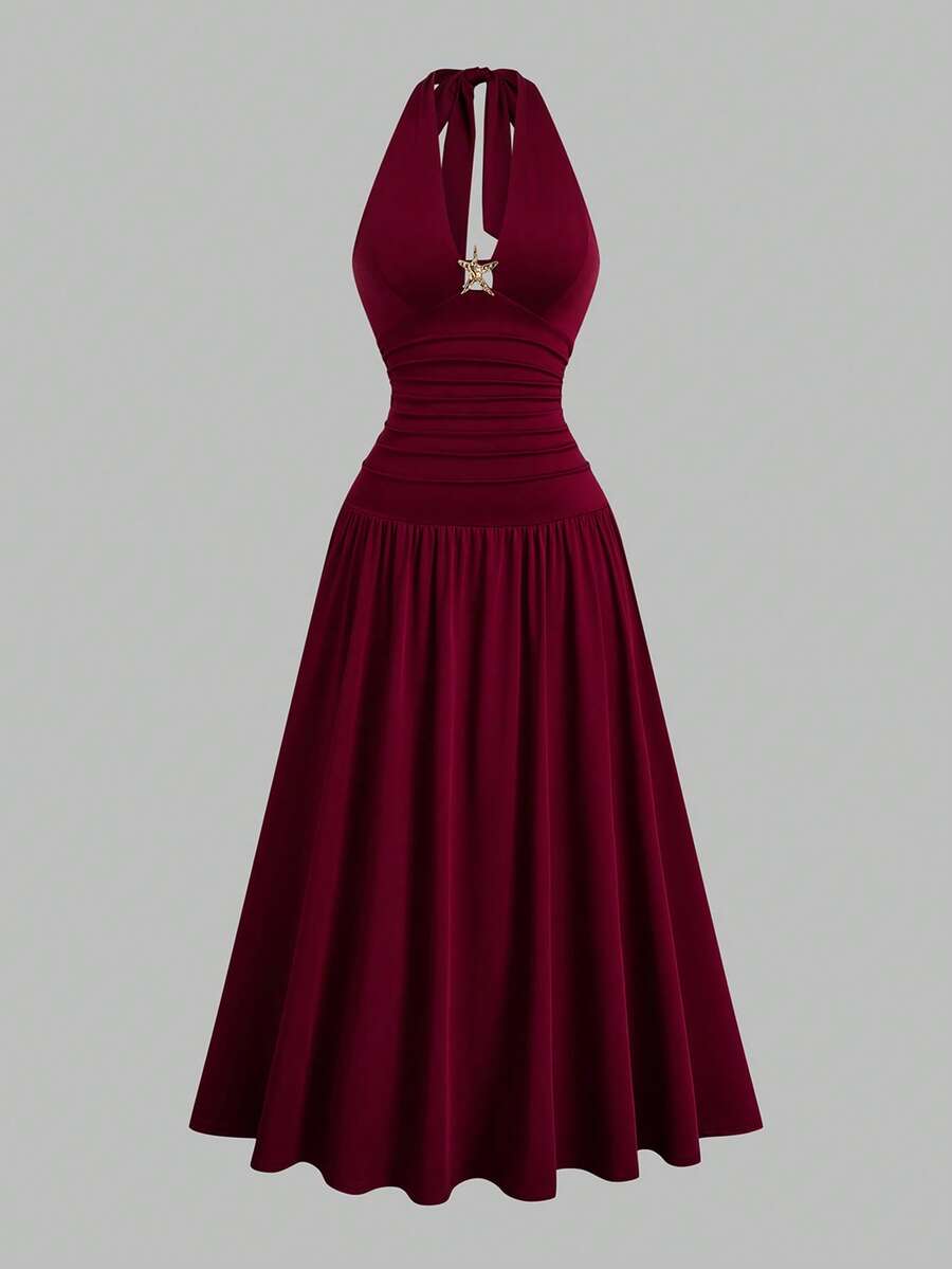 Sweetra Stylish V-Neck Backless High Waist Bodycon Dress, Red, European And American Style - Burgundy - View 1