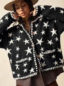 Bohemela Áo khoác ngoài phong cách Boho Xuân/Hè, Áo cardigan nữ dáng dài tay, họa tiết ngôi sao jacquard, hai túi, chất liệu lông mềm mại, dáng rộng, thích hợp cho kỳ nghỉ hè, đi biển, mặc hàng ngày, đi học, đi chơi, dự tiệc, đón năm mới, lễ tình nhân, phong cách vintage những năm 2000, kỳ nghỉ hè Y2K, đi biển. - Xám - Xem 2