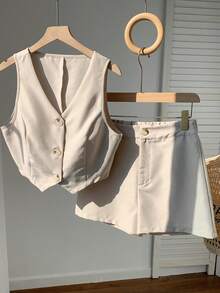 Comfortcana Ladies' Single-Breasted Suit Vest And Shorts Set In Fall/Winter - Apricot - View 5