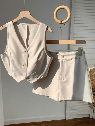 Comfortcana 春夏单排扣马甲短裤休闲套装，大码