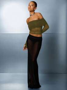 SUMWON WOMEN 露肩网纱上衣，带拇指孔，长袖露脐半透明修身弹力晚礼服 - 軍綠色 - 查看 3