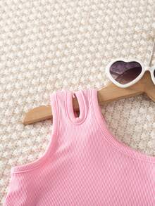 Elladie kids 2 Stück/Set Mädchen süßes einfarbiges Set aus Off-Shoulder Trägertop mit Rissen und weiter Bein Shorts mit Gürtel - Pink - Übersicht 8