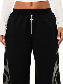 SUMWON WOMEN 宽松阔腿印花慢跑裤，金属孔眼拉链细节，休闲运动裤，适合秋冬季穿着。 - 黑色 - 查看 4