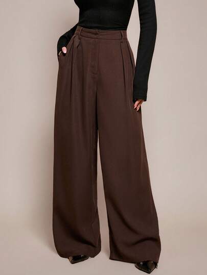 SHEIN PETITE Women's Minimalist Fashion Dark Coffee Oversized Wide Leg Pants, Commuter Trousers Brown Wide Leg Pants For Women High Waisted Wide Leg Pants Brown Suit Pants,Fall Brown High Waisted Pants Brown Pants For Women