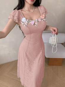 Modelyn 女士蕾丝拼接花卉饰边装饰无袖夏季连衣裙 - 粉色 - 查看 7