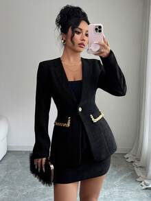 Elenzga 2025秋冬新款女士时尚优雅亮片装饰红色粗花呢套装两件套 - 黑色 - 查看 3