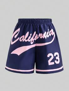 SHEIN 少女黑色条纹复古字母印花宽松外套、黄色修身吊带背心和黄色短裤 - 寶藍色 - 查看 6