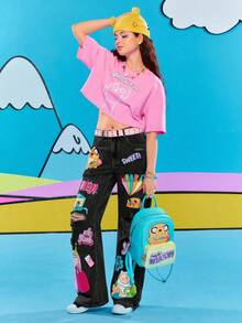 Adventure Time X ROMWE Women Casual Ripped Cartoon Graphic Loose Fit Jeans - Grey - View 9