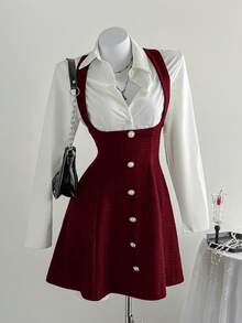 Sweetra 初秋甜美辛辣时尚轻盈性感收腰纹理面料Polo领仿吊带修身A字短裙 - 紅色 - 查看 1