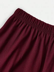 SHEIN Serisse Kids 少女休闲基础款简约舒适高弹力抓绒立领不对称褶皱修身上衣和宽松阔腿裤两件套，返校季，适合日常外出穿着 - 酒紅色 - 查看 10