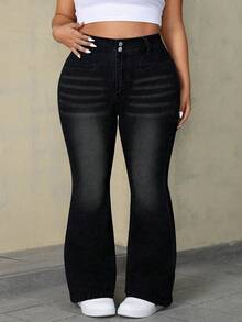 SHEIN CURVE+ Quần jean ống loe co giãn dáng rộng dành cho nữ cỡ lớn - màu đen - Xem 1
