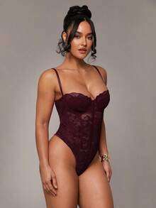 Silquee 红色性感蕾丝连体衣，蕾丝拼接细肩带迷人透视紧身长袖连体衣，适合日常穿着、约会之夜、外出等各种场合。 - 紫紅色 - 查看 5