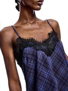 LYSMO 女士无袖蕾丝拼接格子连衣裙 - 紫色 - 查看 8