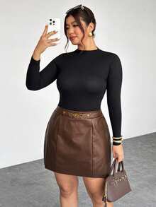 Firerie Chân váy nữ cỡ lớn thoải mái, thanh lịch, đa năng, màu trơn, điểm nhấn kim loại, phù hợp cho mùa xuân, hè, thu, đông. - màu nâu - Xem 7