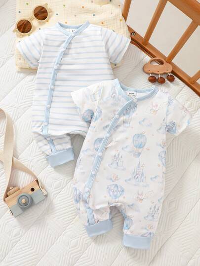 SHEIN 2PCS Newborn Baby Jumpsuits Unisex Baby Clothes Baby Unisex Clothes Sets Newborn Baby Boy Romper Baby Casual Romper Neutral Baby Clothes Baby Boy Striped Romper