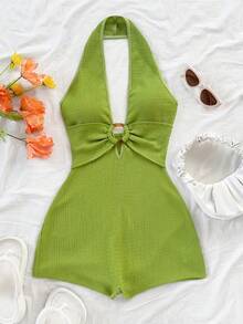 Soleia 女士白色纹理针织露背连体裤，饰有圆形圆环，优雅性感，适合万圣节、圣诞节、度假等场合。 - 綠色 - 查看 4