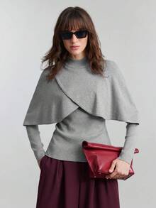 Ontre Women's Grey Sweater,Elegant Autumn Office Shoulder Wrap Design,Long Sleeve Fitted Silhouette,Ruffle Hem Viscose Top,Urban Chic Minimalist Fashion - Grey - View 5